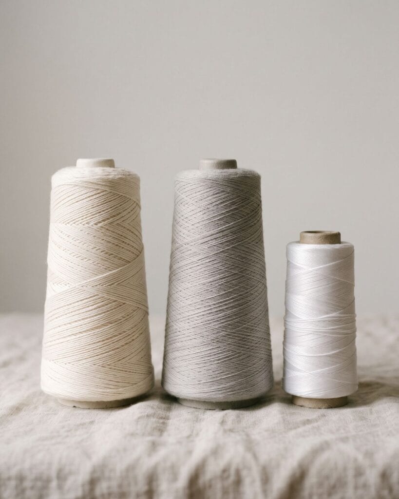 Garn av kammad bomull, nylon och elastan på tre koner